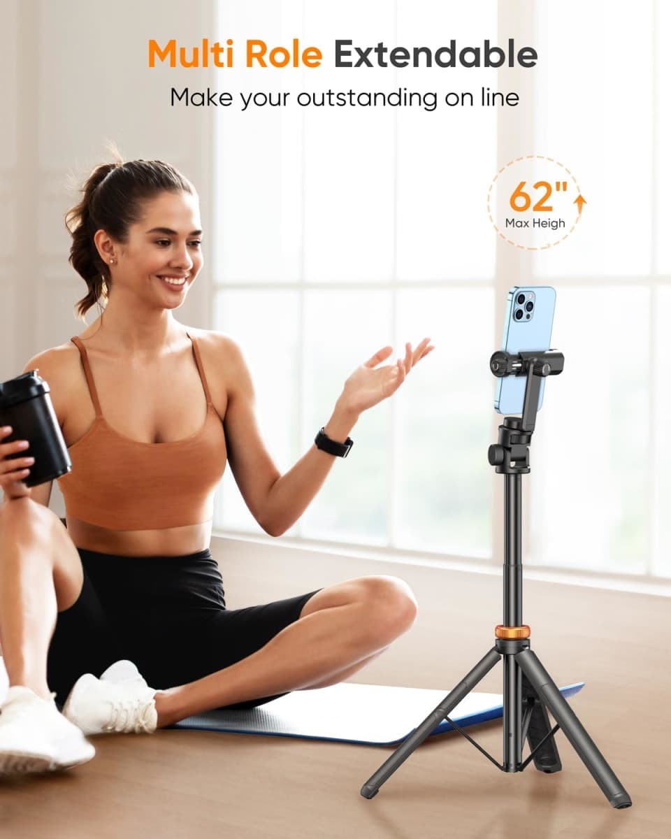 EUCOS 62" Tripod for iPhone, Sturdy Selfie Stick Tripod with Remote&Lightweight Phone Tripod, Solidest Portable Cell Phone Tripod for iPhone Pro Max/Android thumbnail 3