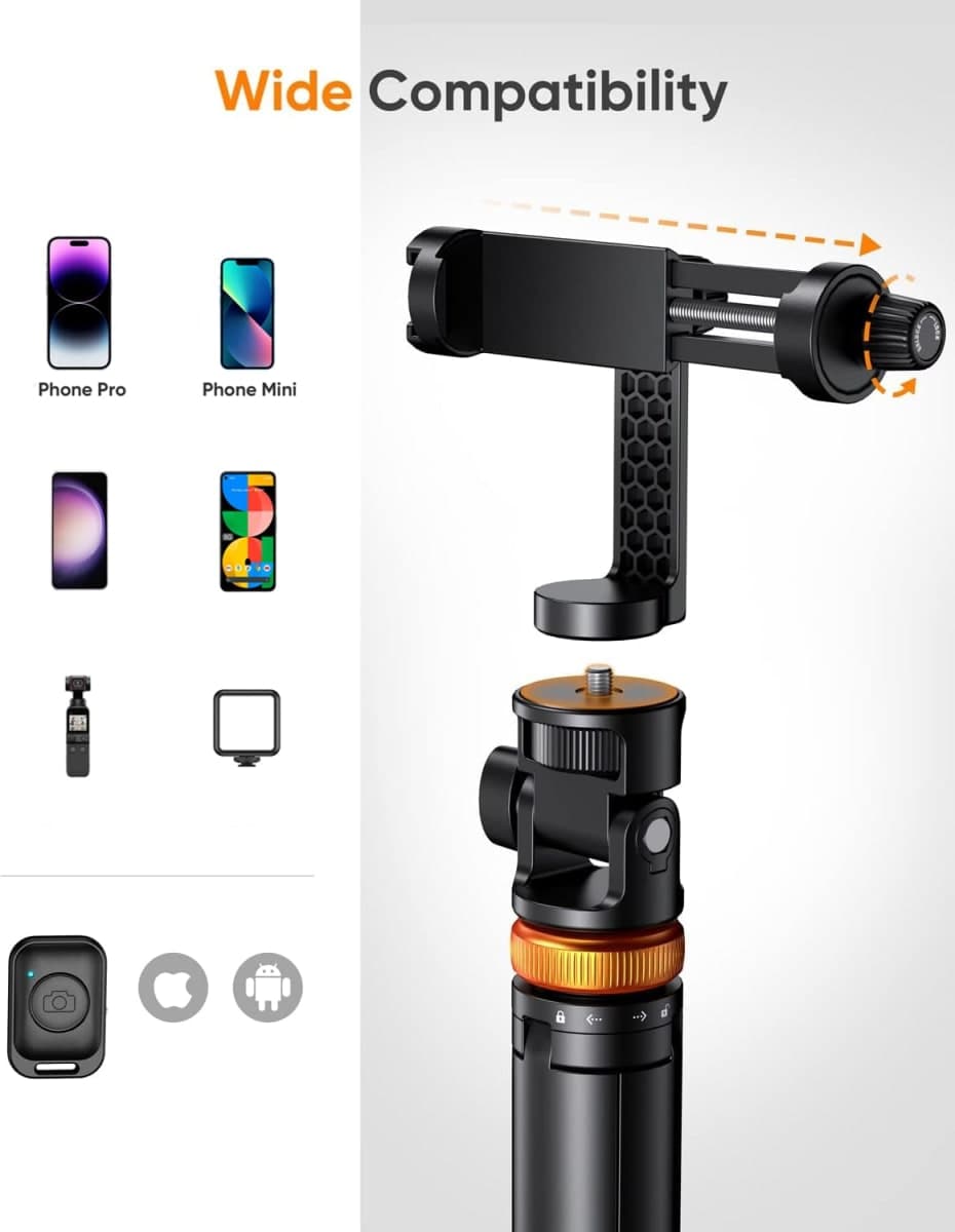EUCOS 62" Tripod for iPhone, Sturdy Selfie Stick Tripod with Remote&Lightweight Phone Tripod, Solidest Portable Cell Phone Tripod for iPhone Pro Max/Android thumbnail 4