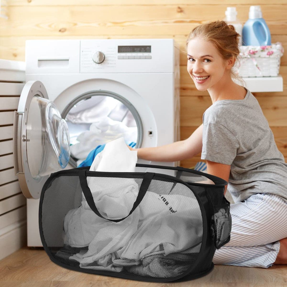 Durable Collapsible Laundry Baskets, Mesh Pop Up Laundry Hamper with Side Pocket, Foldable Clothes Hamper with Reinforced Carry Handles for Laundry, Bathroom, Kids Room, Dorm or Travel 2 Pack Black thumbnail 2