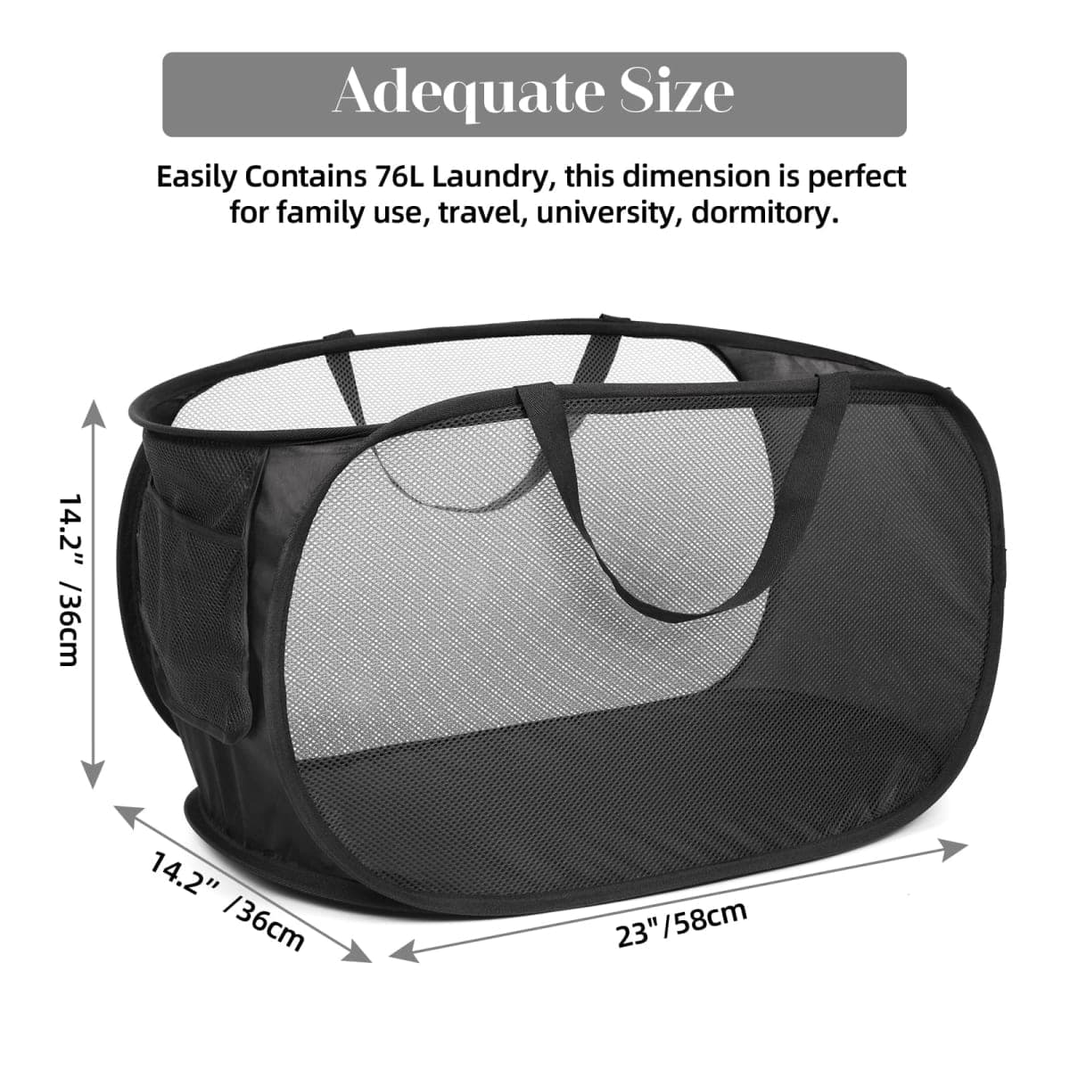 Durable Collapsible Laundry Baskets, Mesh Pop Up Laundry Hamper with Side Pocket, Foldable Clothes Hamper with Reinforced Carry Handles for Laundry, Bathroom, Kids Room, Dorm or Travel 2 Pack Black thumbnail 3