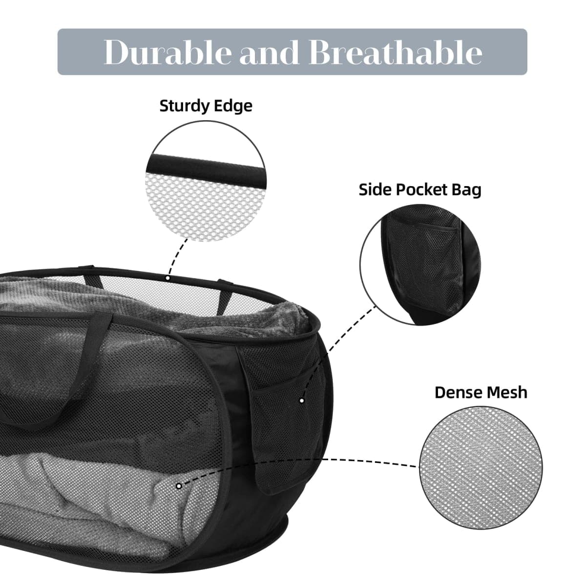 Durable Collapsible Laundry Baskets, Mesh Pop Up Laundry Hamper with Side Pocket, Foldable Clothes Hamper with Reinforced Carry Handles for Laundry, Bathroom, Kids Room, Dorm or Travel 2 Pack Black thumbnail 4
