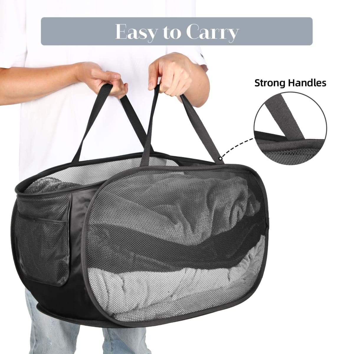 Durable Collapsible Laundry Baskets, Mesh Pop Up Laundry Hamper with Side Pocket, Foldable Clothes Hamper with Reinforced Carry Handles for Laundry, Bathroom, Kids Room, Dorm or Travel 2 Pack Black thumbnail 5
