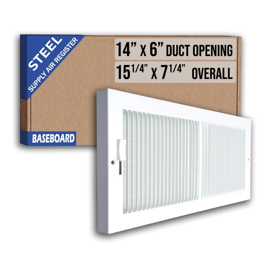 Fits 14x6 Duct Opening | Steel Baseboard Air Supply Grille with Multi-Shutter Damper by Handua | Air Register Vent Cover Grill | White | Outer Dimensions: 15-1/4" x 7-1/4"