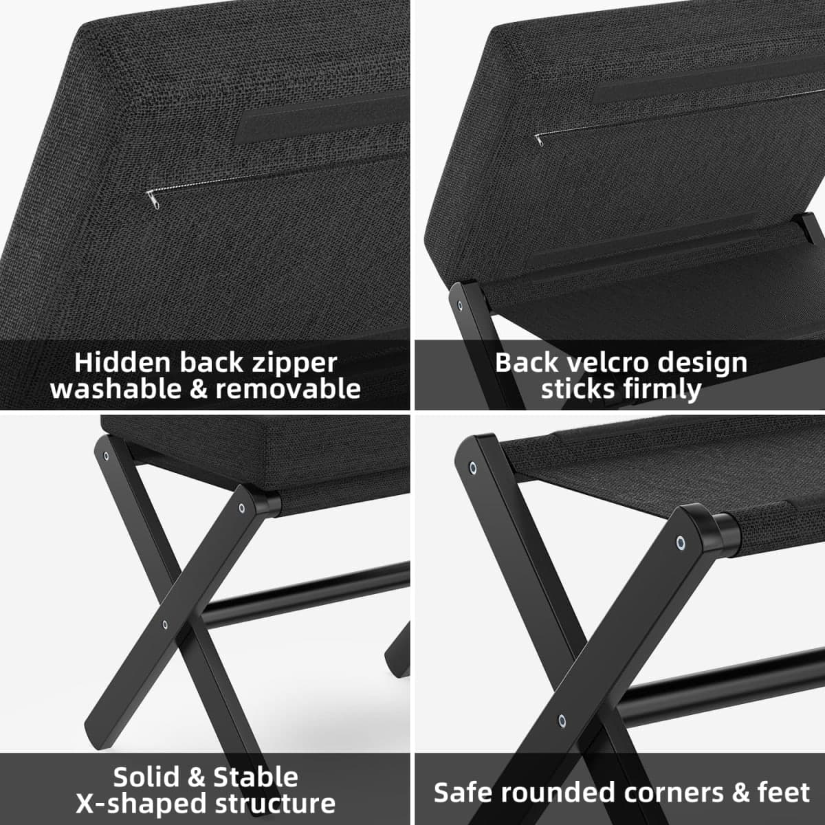 BAMBOOHOMIE Foldable Foot Stool Ottoman, Modern Foot Rest with Bamboo X Legs & Thick Foam Cushion, Folding Foot Stools Small Padded for Bedroom Living Room, Makeup Vanity Stool Chair (Black - Black) thumbnail 2