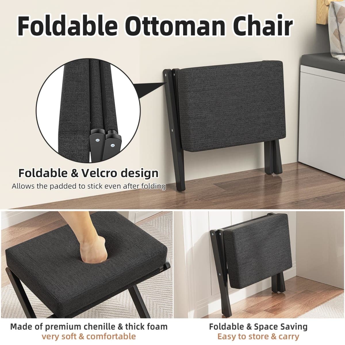 BAMBOOHOMIE Foldable Foot Stool Ottoman, Modern Foot Rest with Bamboo X Legs & Thick Foam Cushion, Folding Foot Stools Small Padded for Bedroom Living Room, Makeup Vanity Stool Chair (Black - Black) thumbnail 3