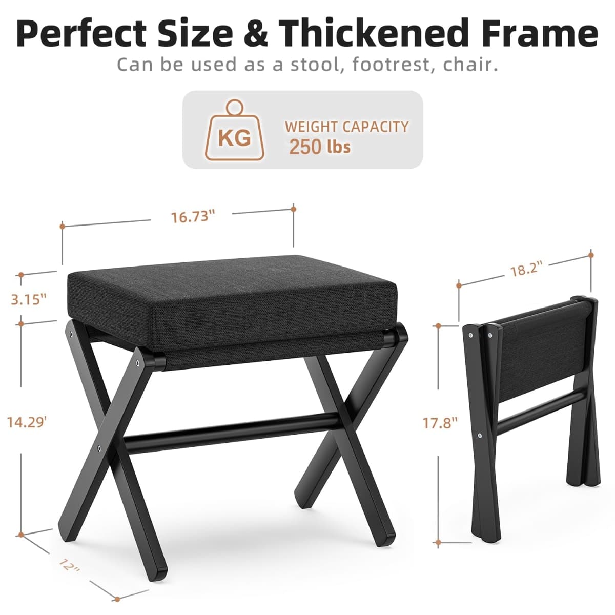 BAMBOOHOMIE Foldable Foot Stool Ottoman, Modern Foot Rest with Bamboo X Legs & Thick Foam Cushion, Folding Foot Stools Small Padded for Bedroom Living Room, Makeup Vanity Stool Chair (Black - Black) thumbnail 4
