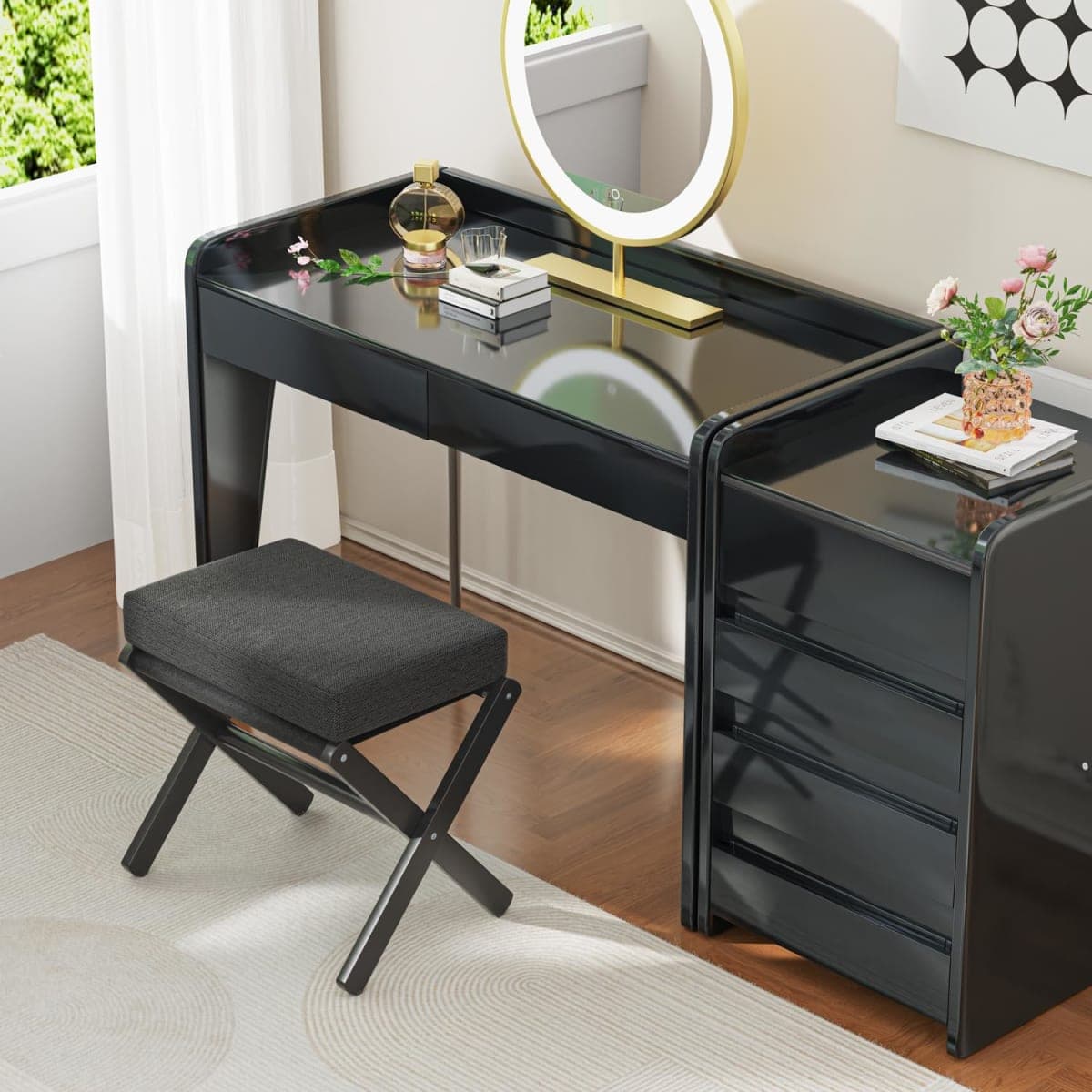 BAMBOOHOMIE Foldable Foot Stool Ottoman, Modern Foot Rest with Bamboo X Legs & Thick Foam Cushion, Folding Foot Stools Small Padded for Bedroom Living Room, Makeup Vanity Stool Chair (Black - Black) thumbnail 5