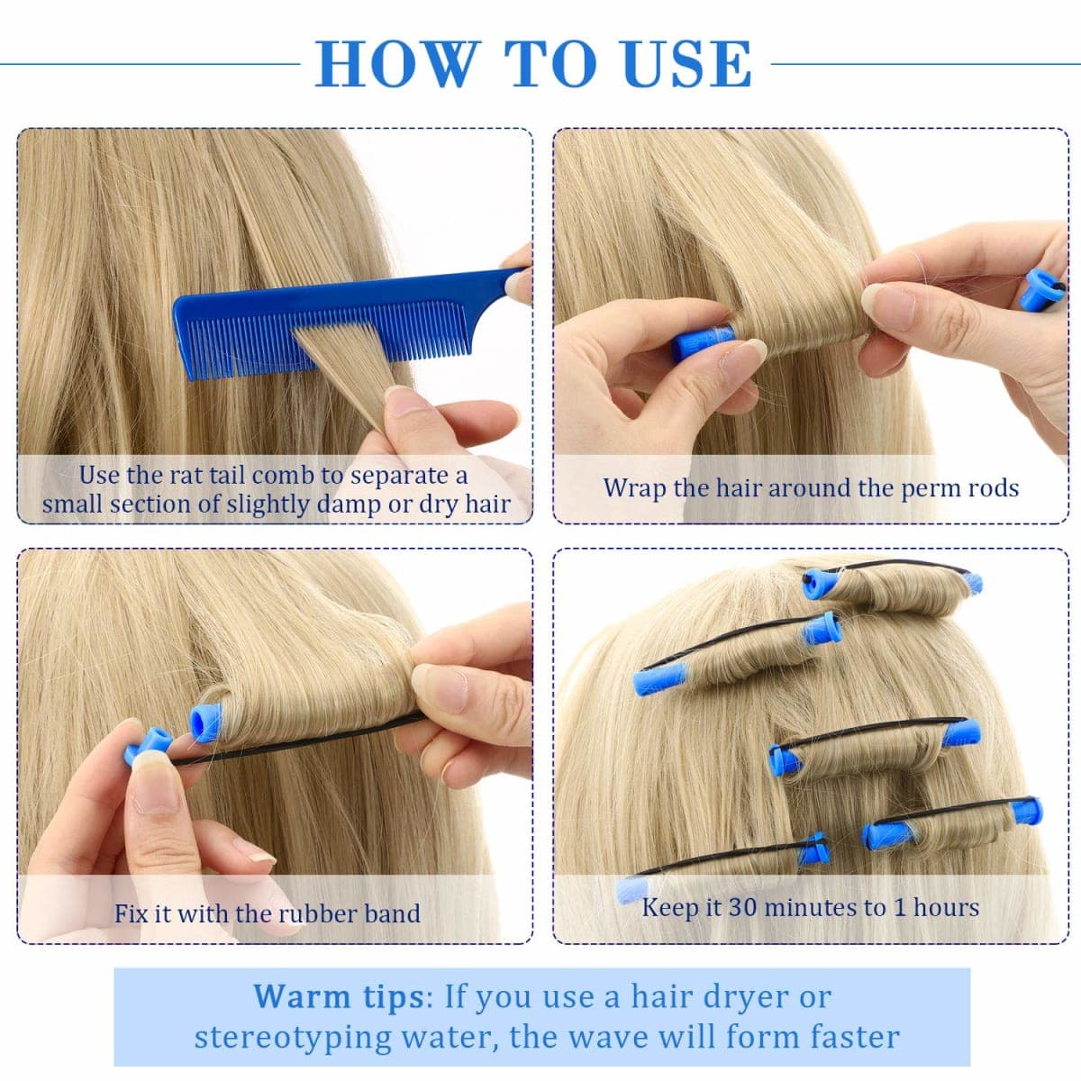 Chuangdi 24 Pcs Hair Perm Rods Plastic Cold Wave Perming Curlers Hair Rollers with Steel Pintail Comb Rat Tail Comb Tools for Hairdressing Styling(Blue,0.35 Inches) thumbnail 3