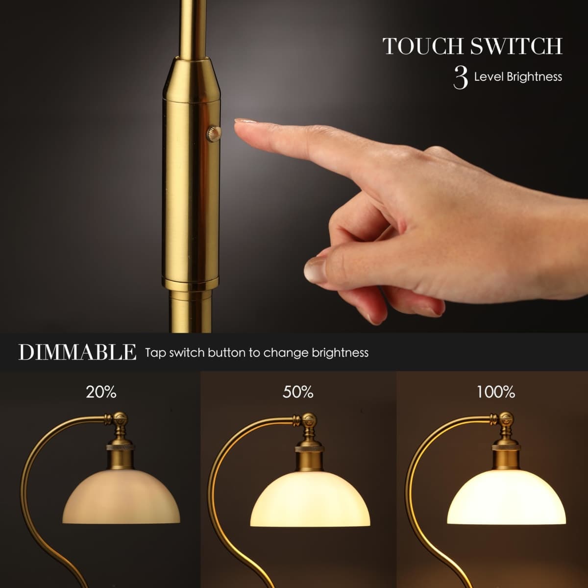 O’Bright Heritage - Banker’s Floor Lamp, 3-Level Touch Dimming, Adjustable Tilt Shade, Removable Lampshade Design, E26 Socket with 6W Dimmable LED Bulb, White Jade Glass Shade, Antique Brass thumbnail 2