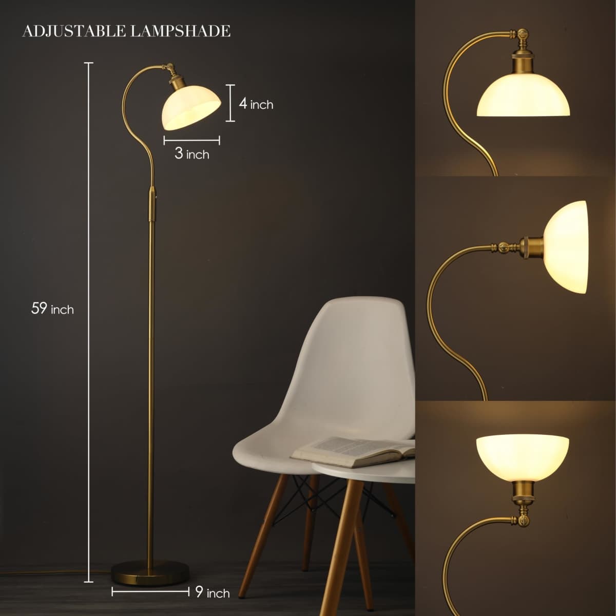 O’Bright Heritage - Banker’s Floor Lamp, 3-Level Touch Dimming, Adjustable Tilt Shade, Removable Lampshade Design, E26 Socket with 6W Dimmable LED Bulb, White Jade Glass Shade, Antique Brass thumbnail 3