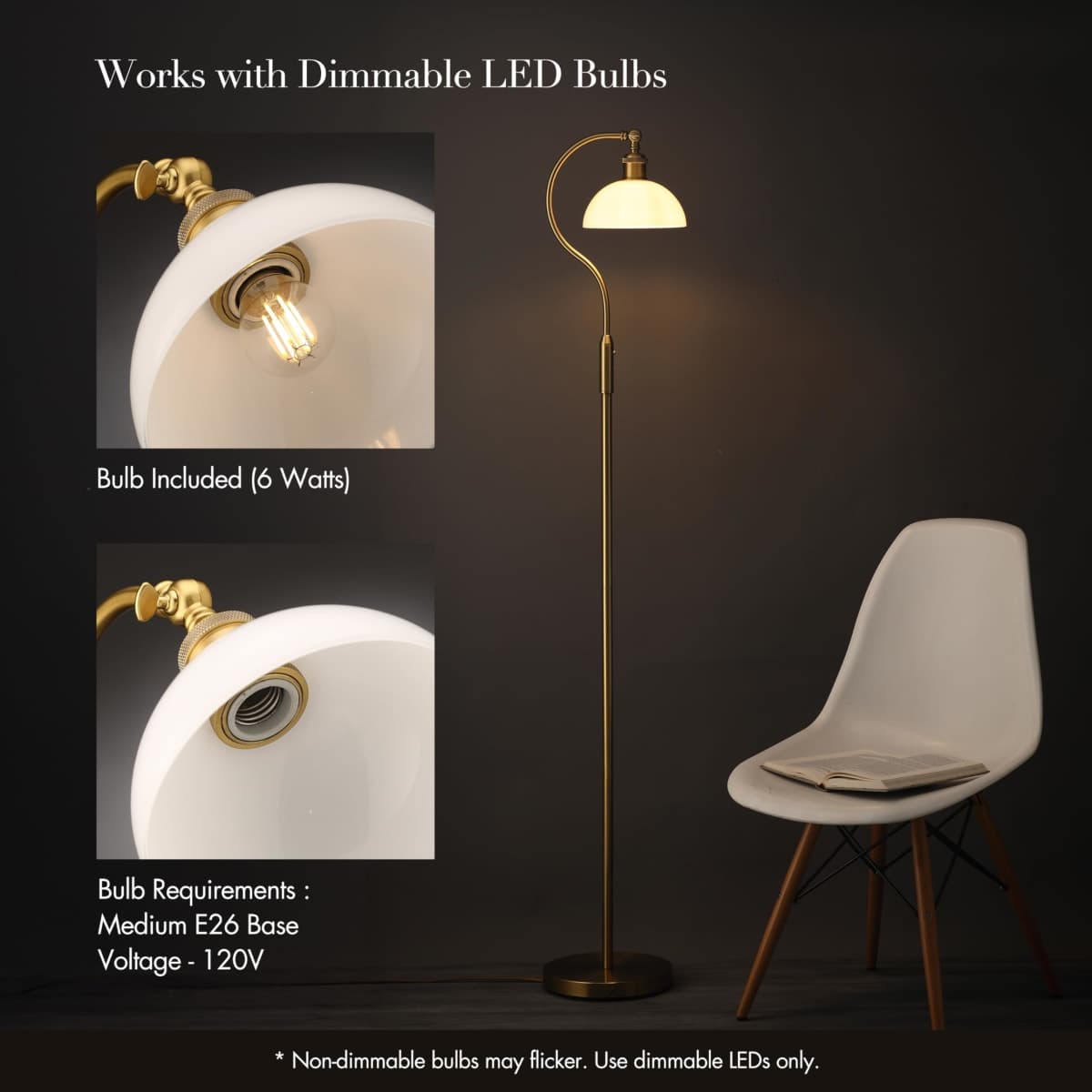 O’Bright Heritage - Banker’s Floor Lamp, 3-Level Touch Dimming, Adjustable Tilt Shade, Removable Lampshade Design, E26 Socket with 6W Dimmable LED Bulb, White Jade Glass Shade, Antique Brass thumbnail 4
