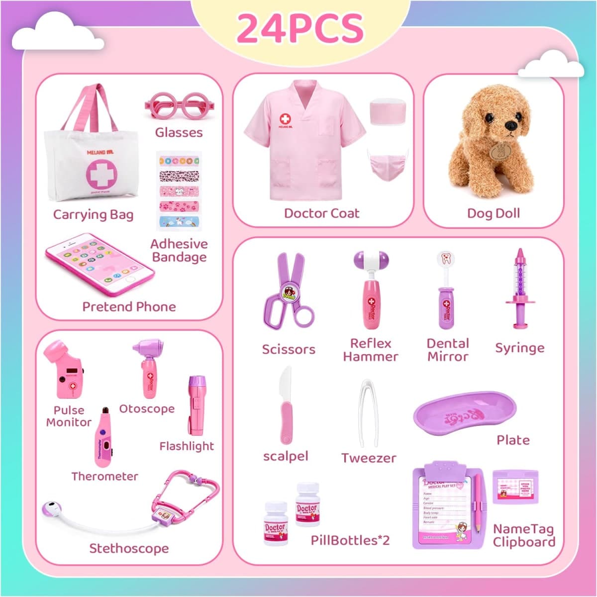 Meland Toy Doctor Kit for Girls, Pretend Play Toy Doctor Set with Dog , Carrying Bag, Stethoscope & Dress Up Costume Gift for Kids Toddlers Ages 3 4 5 6 Year Old for Role Play thumbnail 2