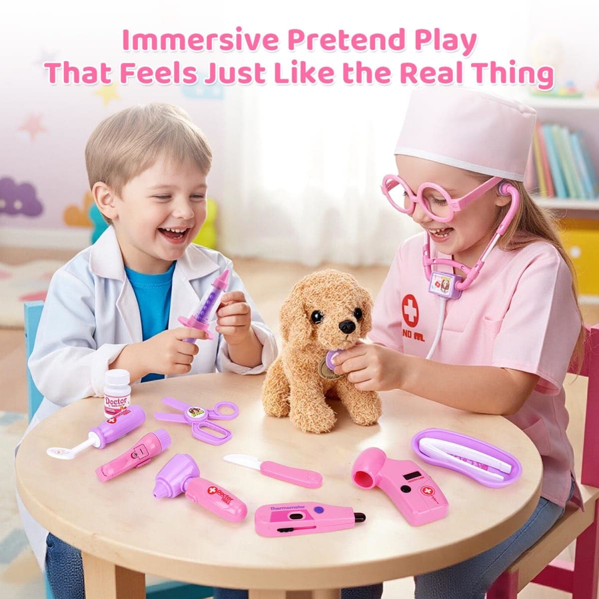 Meland Toy Doctor Kit for Girls, Pretend Play Toy Doctor Set with Dog , Carrying Bag, Stethoscope & Dress Up Costume Gift for Kids Toddlers Ages 3 4 5 6 Year Old for Role Play thumbnail 4