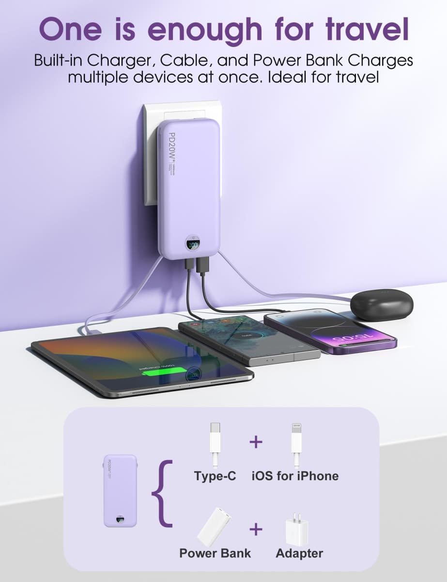 Citicr Portable Charger 10000mAh PD20W w/Built-in Cables & Wall Plug Purp. thumbnail 4