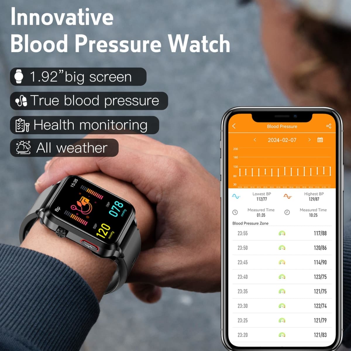 Blood Pressure Smart Watch with Air Bag Air Cuff, 1.92" lPS Color Screen, 24/7 Heart Rate Blood Oxygen Body Temperature Sleep Respiration Rate Health Monitor Activity Tracker Familiy Data Sharing. thumbnail 2