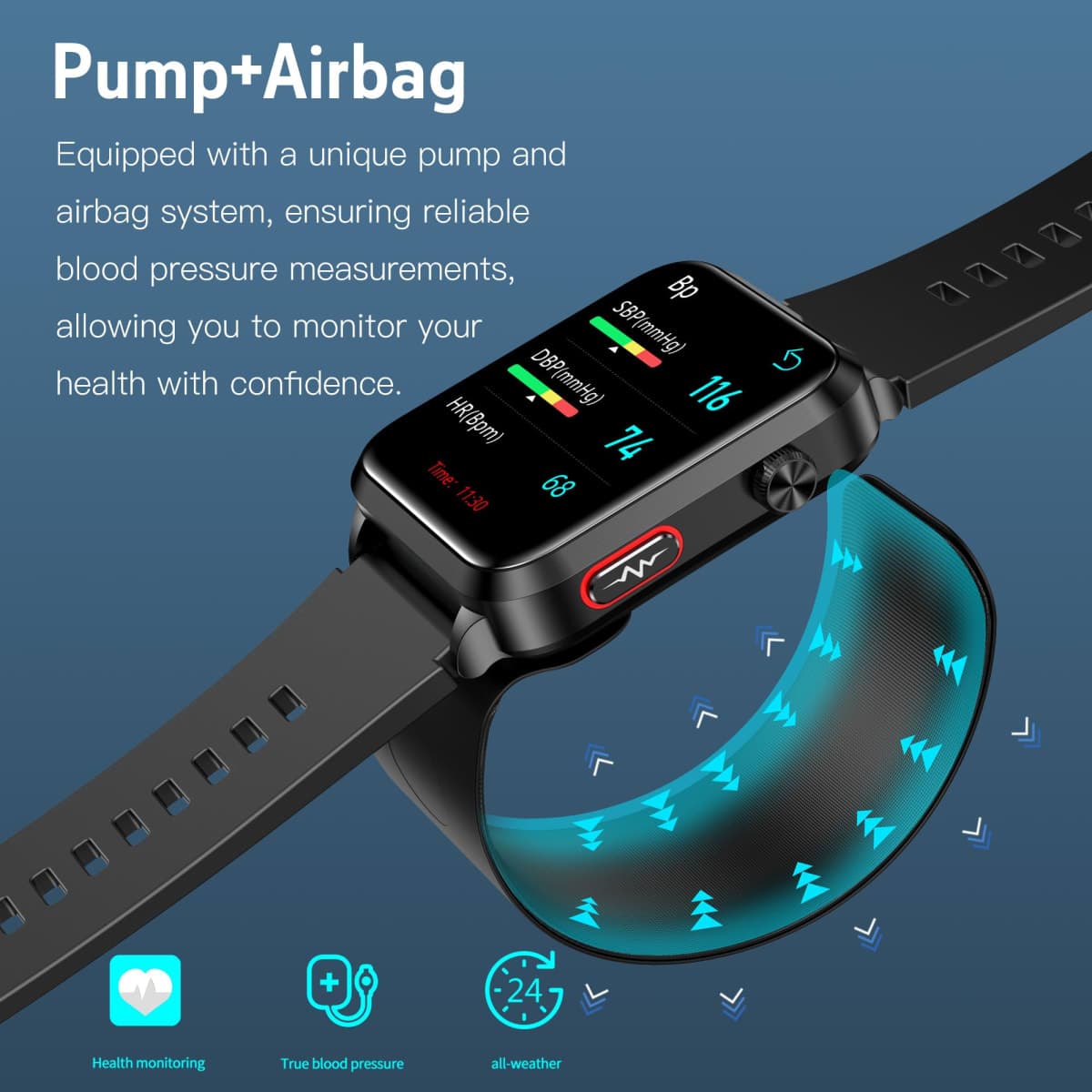 Blood Pressure Smart Watch with Air Bag Air Cuff, 1.92" lPS Color Screen, 24/7 Heart Rate Blood Oxygen Body Temperature Sleep Respiration Rate Health Monitor Activity Tracker Familiy Data Sharing. thumbnail 3