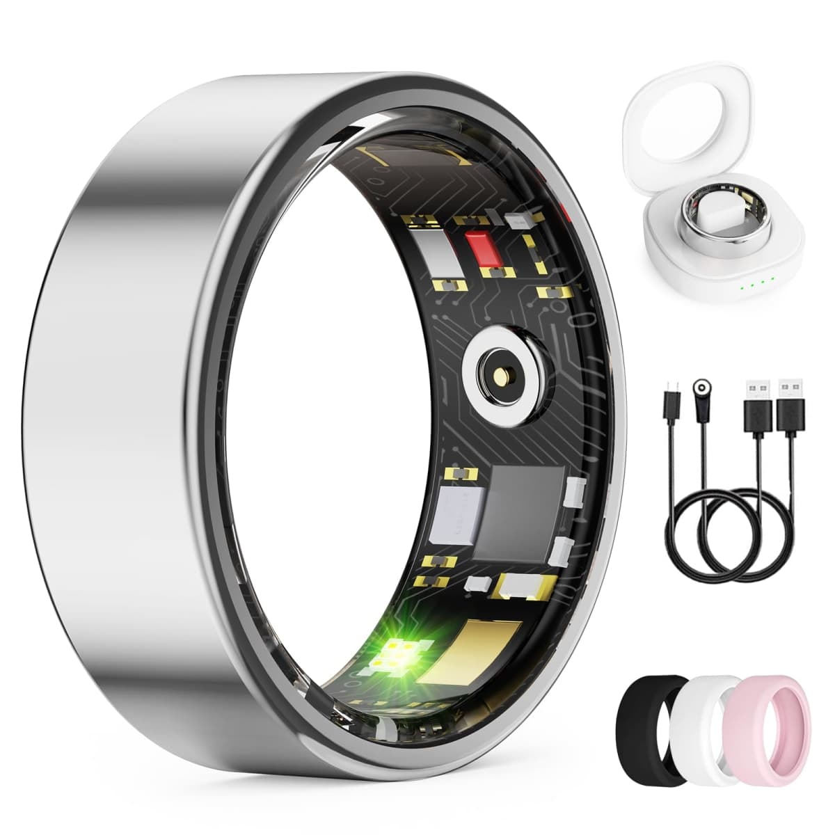 Smart Ring for Women & Men, Health Tracker Ring with Heart Rate, SpO2, Blood Pressure,Temperature, HRV & Stress, IP68 Waterproof Fitness Ring, Sleep Tracker for iPhone & Android (Silver, 8#) — image 1