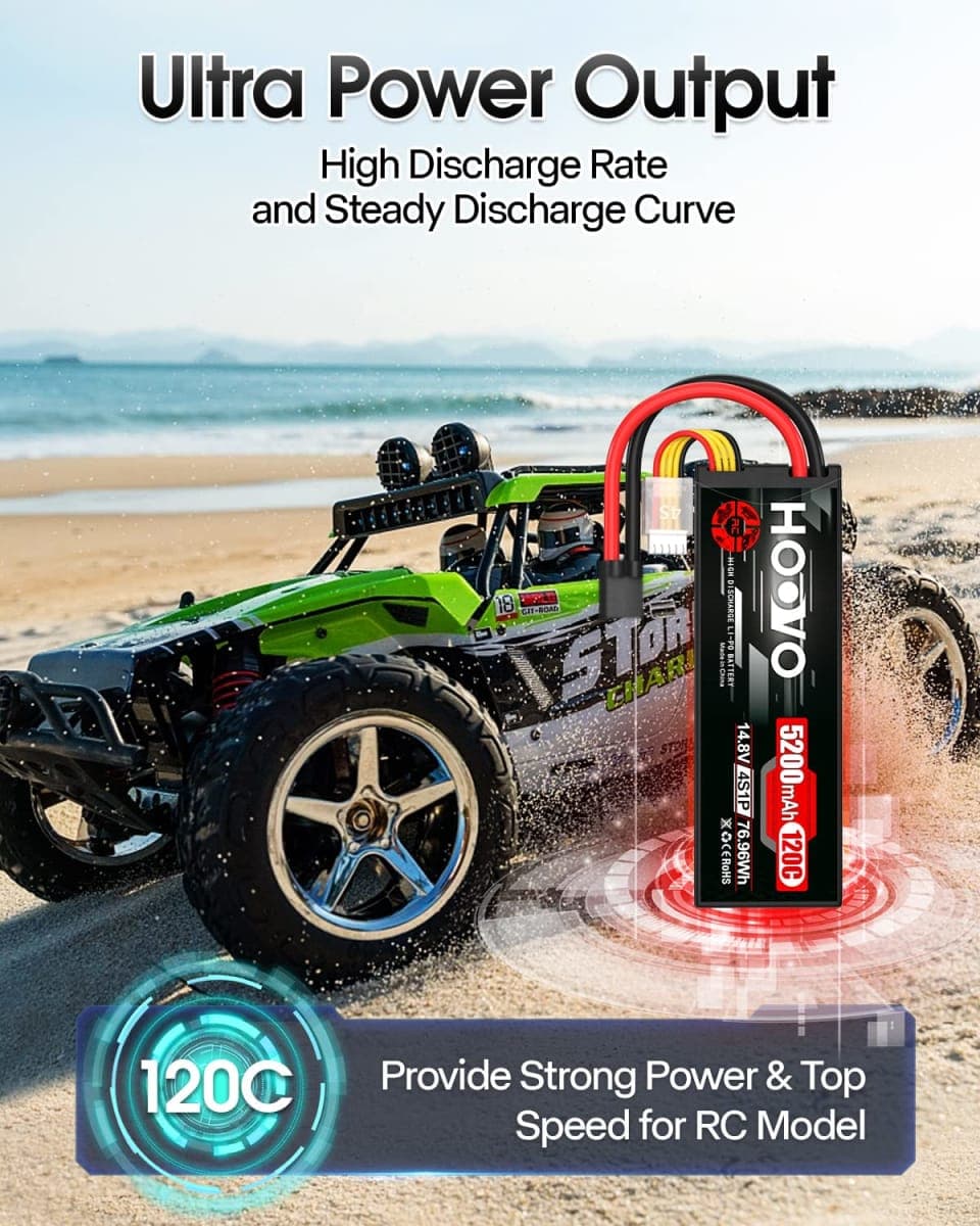 HOOVO 4S Lipo Battery 14.8V 120C 5200mAh RC Car Battery Hard Case with TR Plug Compatible for 1/8 and 1/10 RC Car Buggy Truggy Truck Slash 4X4 Crawler Monster 2 Pack thumbnail 5