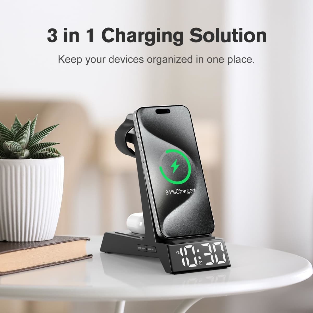 ANJANK 3 in 1 Wireless Charger with Alarm Clock, Charging Staion Phone Stand for iPhone 16 15 14 13 12 11 Pro Max X for Apple Watch 10/9/8/7/6/5/UItra & AirPods 4 3 2 Pro, Desk Nightstand Charger Dock thumbnail 2