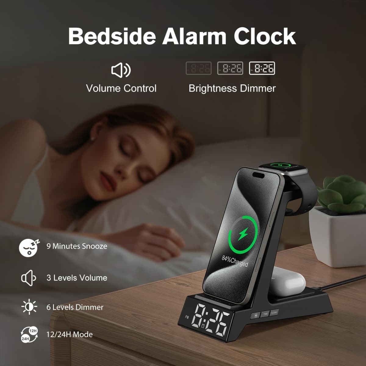 ANJANK 3 in 1 Wireless Charger with Alarm Clock, Charging Staion Phone Stand for iPhone 16 15 14 13 12 11 Pro Max X for Apple Watch 10/9/8/7/6/5/UItra & AirPods 4 3 2 Pro, Desk Nightstand Charger Dock thumbnail 3