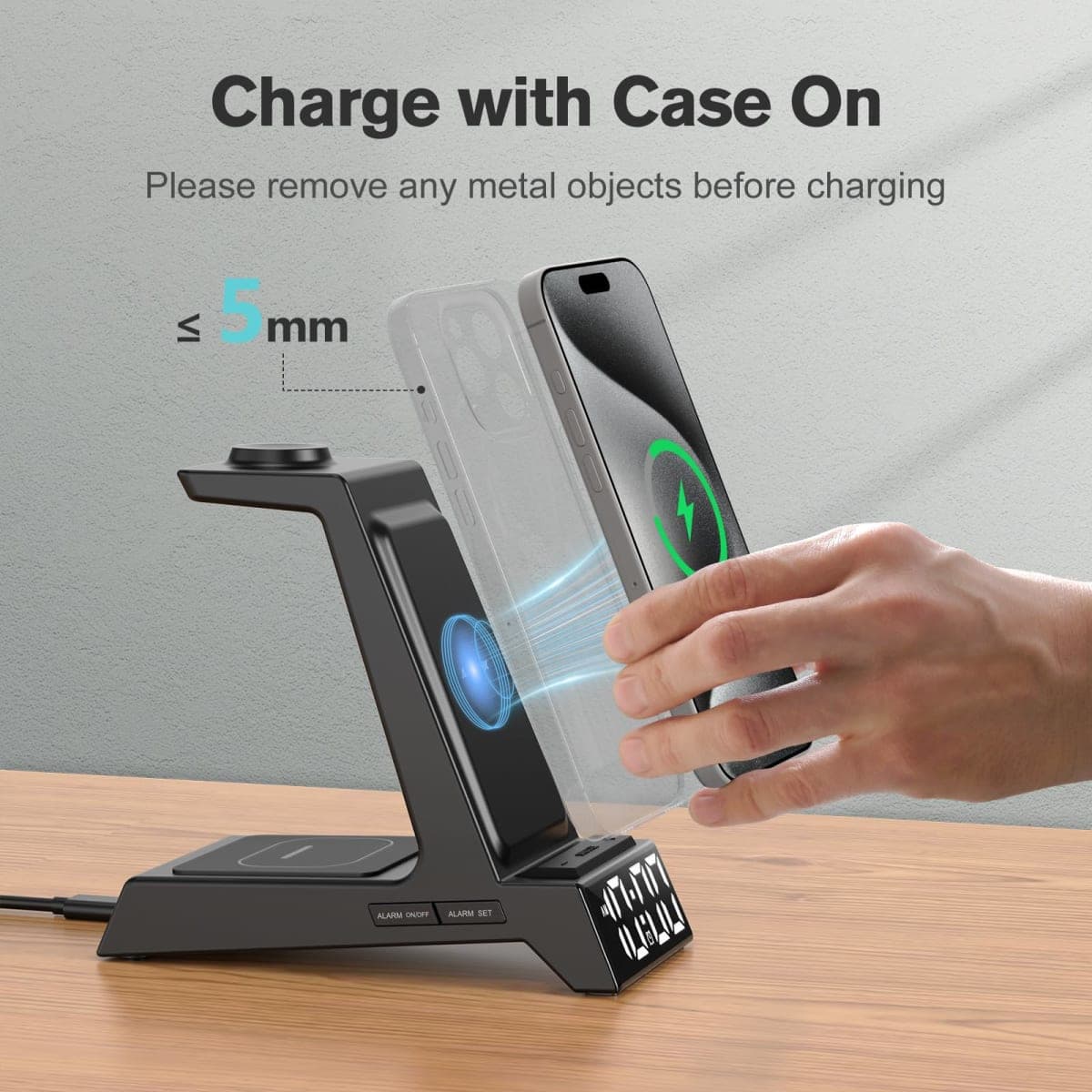 ANJANK 3 in 1 Wireless Charger with Alarm Clock, Charging Staion Phone Stand for iPhone 16 15 14 13 12 11 Pro Max X for Apple Watch 10/9/8/7/6/5/UItra & AirPods 4 3 2 Pro, Desk Nightstand Charger Dock thumbnail 5