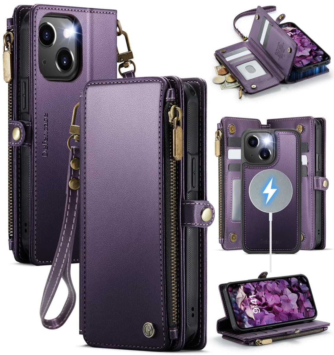 Defencase for iPhone 11 Magnetic Wallet Case Compatible with Magsafe with RFID Blocking Zipper & Card Holder for Women Men, PU Leather Strap Detachable Phone Case for iPhone 11 (6.1 inch), Purple — image 1
