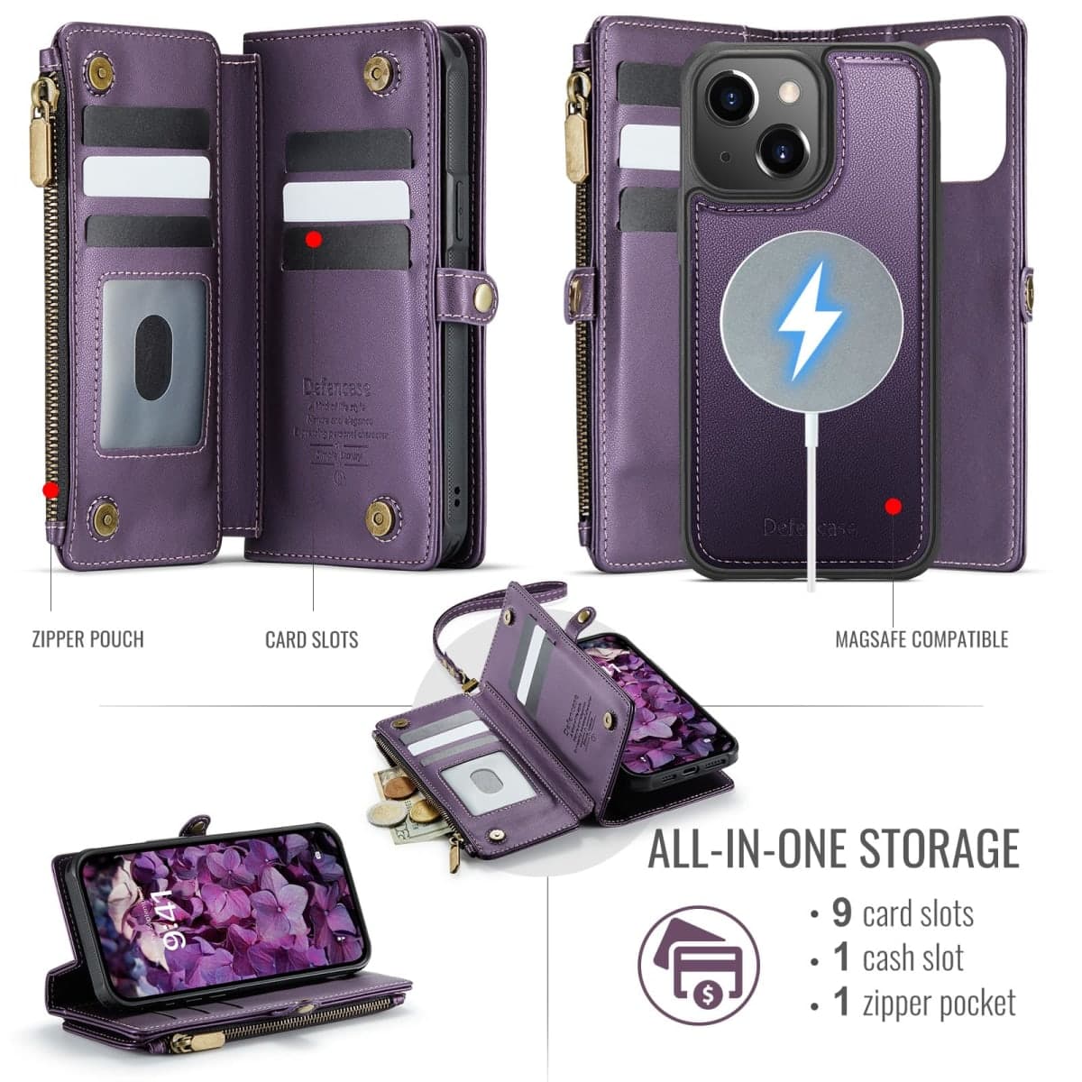 Defencase for iPhone 11 Magnetic Wallet Case Compatible with Magsafe with RFID Blocking Zipper & Card Holder for Women Men, PU Leather Strap Detachable Phone Case for iPhone 11 (6.1 inch), Purple thumbnail 2