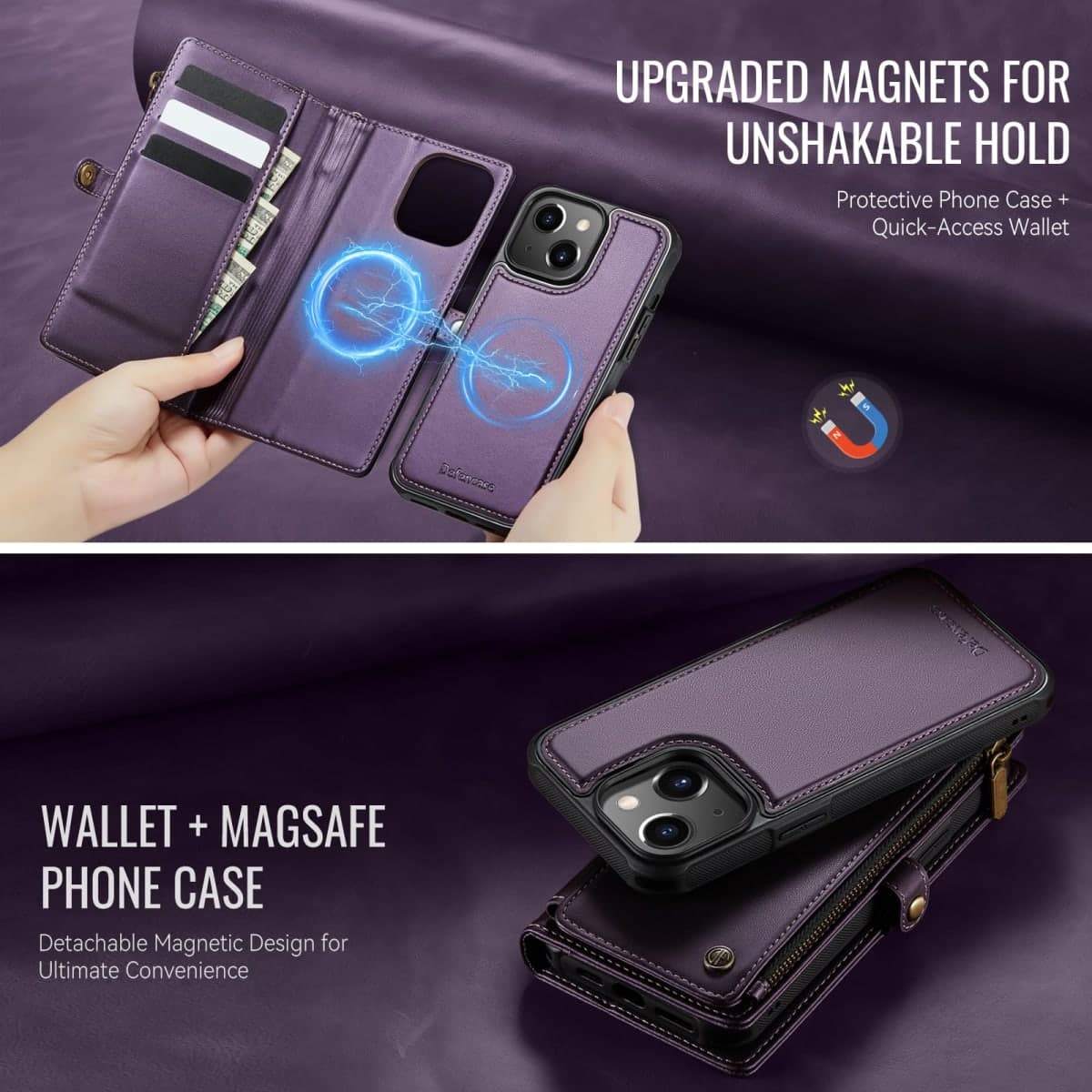 Defencase for iPhone 11 Magnetic Wallet Case Compatible with Magsafe with RFID Blocking Zipper & Card Holder for Women Men, PU Leather Strap Detachable Phone Case for iPhone 11 (6.1 inch), Purple thumbnail 3