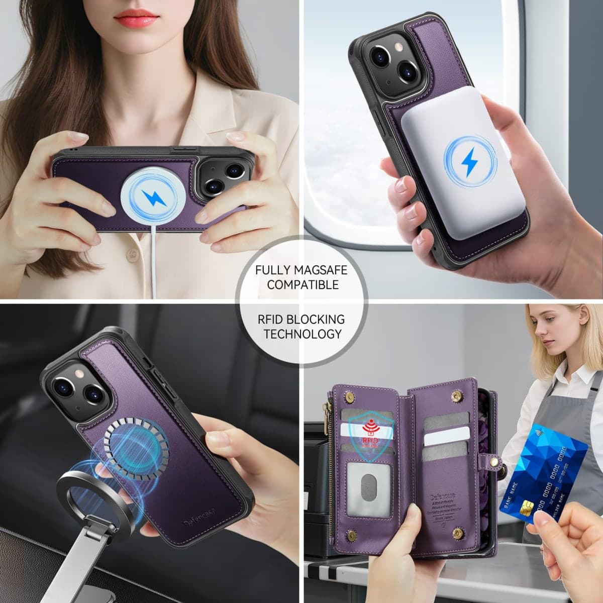 Defencase for iPhone 11 Magnetic Wallet Case Compatible with Magsafe with RFID Blocking Zipper & Card Holder for Women Men, PU Leather Strap Detachable Phone Case for iPhone 11 (6.1 inch), Purple thumbnail 4
