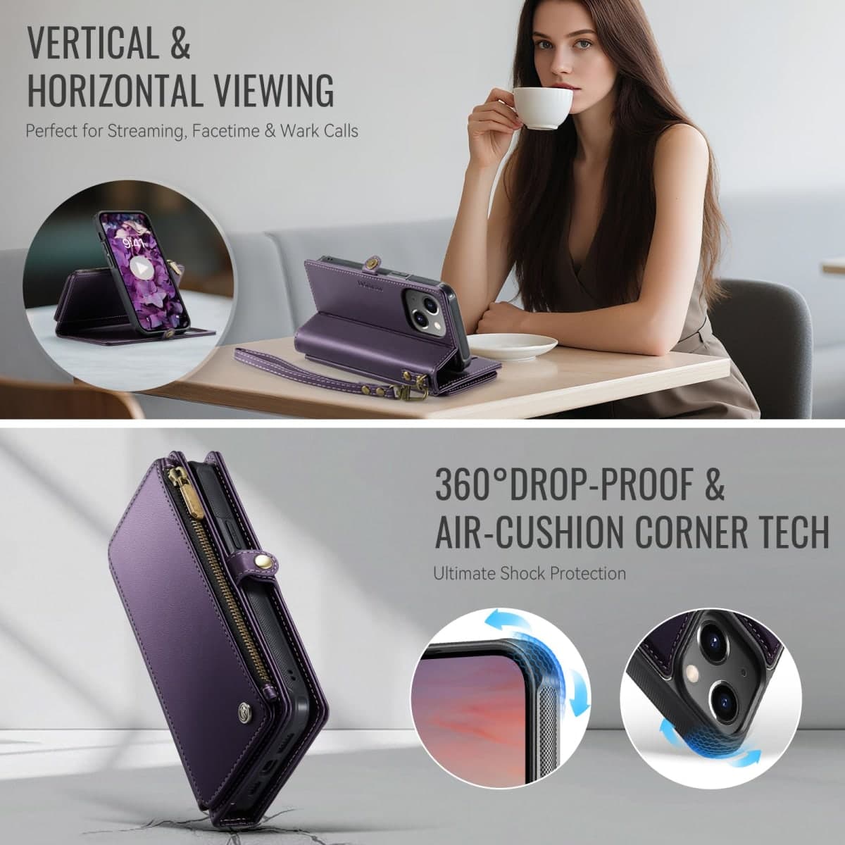 Defencase for iPhone 11 Magnetic Wallet Case Compatible with Magsafe with RFID Blocking Zipper & Card Holder for Women Men, PU Leather Strap Detachable Phone Case for iPhone 11 (6.1 inch), Purple thumbnail 5