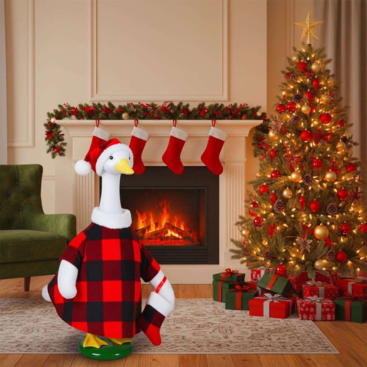 Porch Goose Christmas Outfits, Red and Black Buffalo Plaid Goose Clothes thumbnail 2
