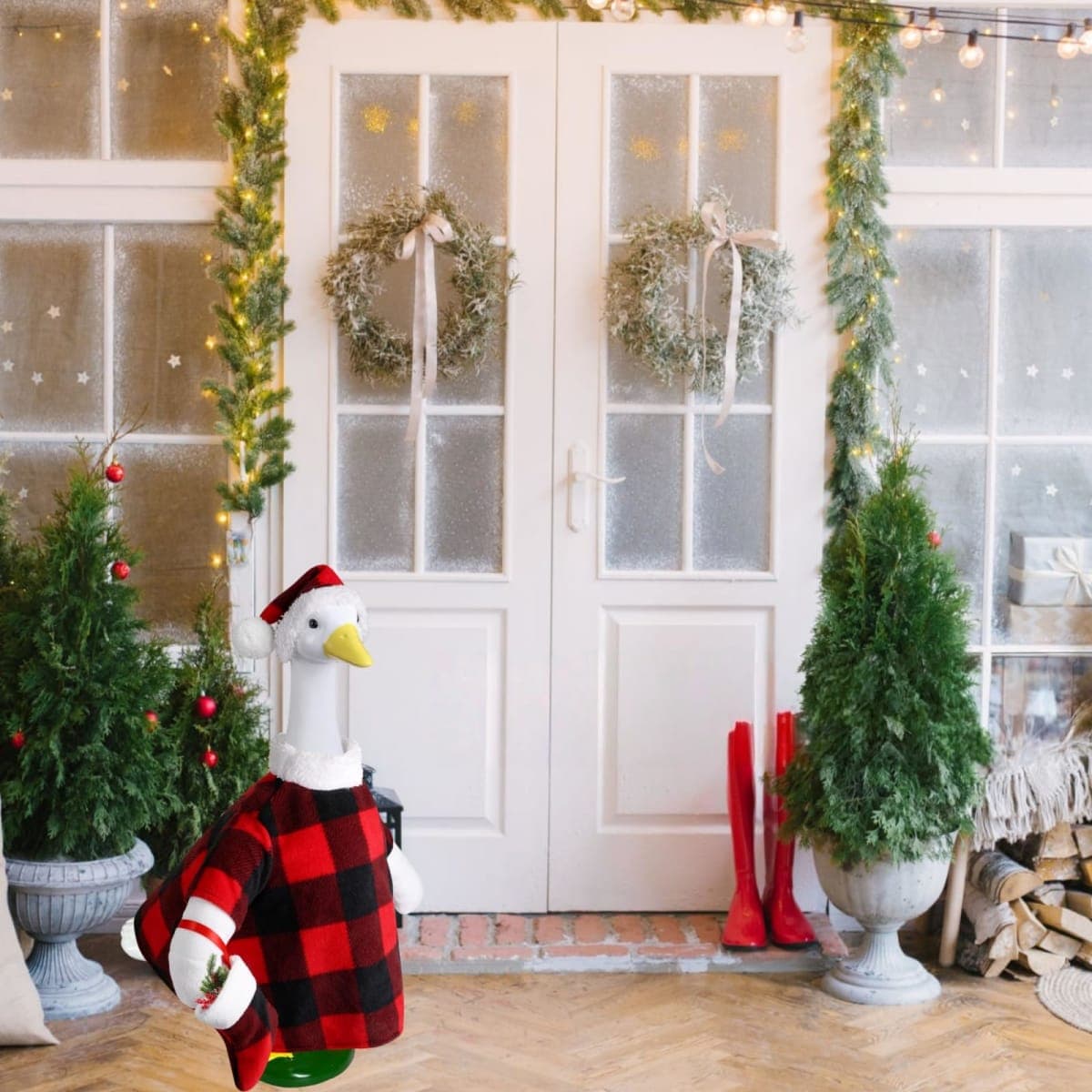 Porch Goose Christmas Outfits, Red and Black Buffalo Plaid Goose Clothes thumbnail 4
