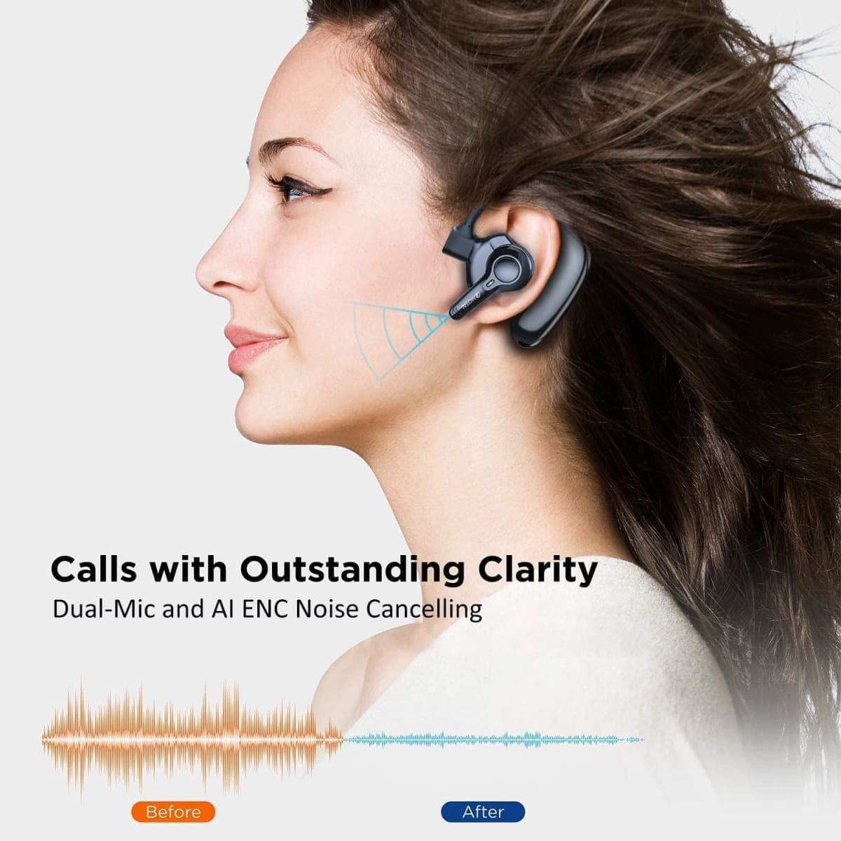 emotal Dual-Mic AI Noise Cancelling Bluetooth Headset for Cell Phones, 10 Days Standby 30Hrs HD Talktime Bluetooth Earpiece IPX6 Waterproof Ultralight for Driving/Truckers/Business thumbnail 2