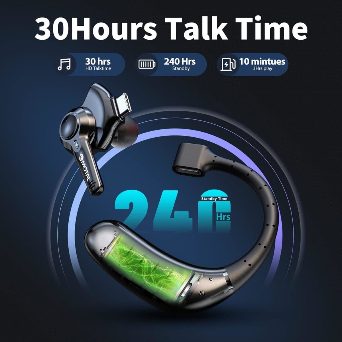 emotal Dual-Mic AI Noise Cancelling Bluetooth Headset for Cell Phones, 10 Days Standby 30Hrs HD Talktime Bluetooth Earpiece IPX6 Waterproof Ultralight for Driving/Truckers/Business thumbnail 3
