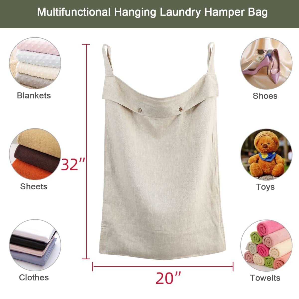 HSOFTIFY Linen Hanging Laundry Bag, 100% Linen Over The Door Laundry Hamper with Buttons and Zipper, Space Saving Door Hampers for Laundry Dirty Clothes Home Travel, Linen thumbnail 2