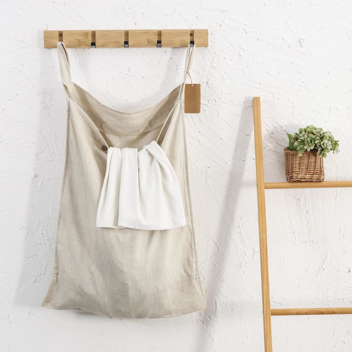 HSOFTIFY Linen Hanging Laundry Bag, 100% Linen Over The Door Laundry Hamper with Buttons and Zipper, Space Saving Door Hampers for Laundry Dirty Clothes Home Travel, Linen thumbnail 4