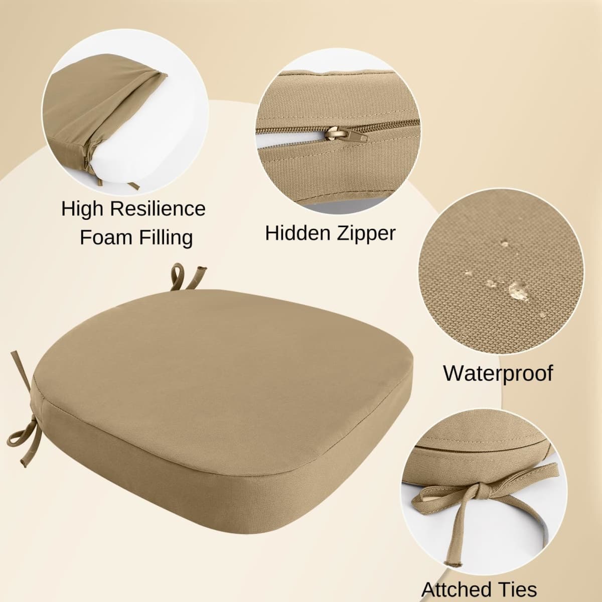 idee-home Outdoor Chair Cushions Set of 4, 19" x 19" x 3" Thick D-Shaped Patio Furniture Outdoor Seat Cushions Waterproof with Ties, Dining Pads thumbnail 2