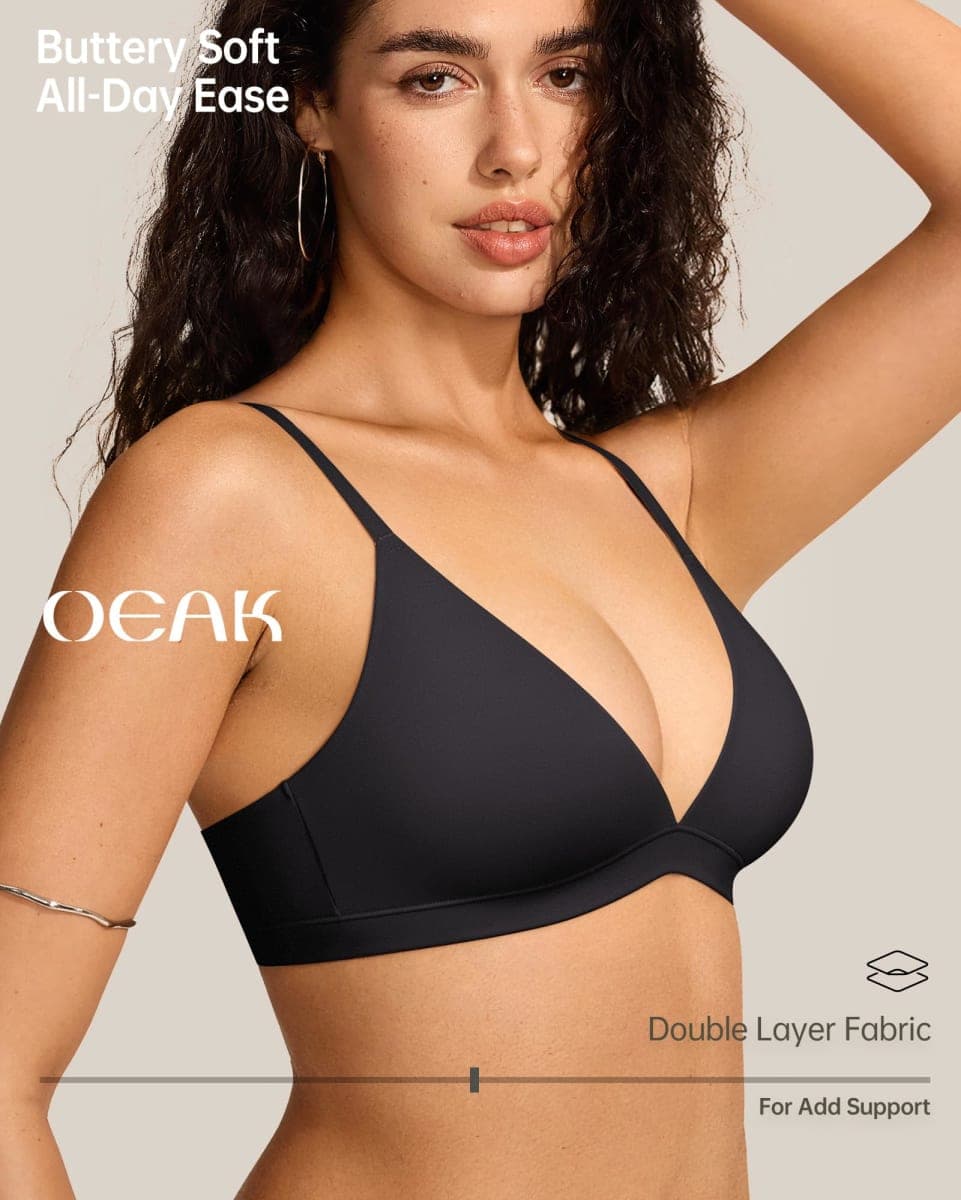 OEAK Womens Comfortable Triangle Bras No Underwire Sexy Plunge Unlined Bralette Pull On Bra Seamless Everyday Tshirt Bras L Black thumbnail 4