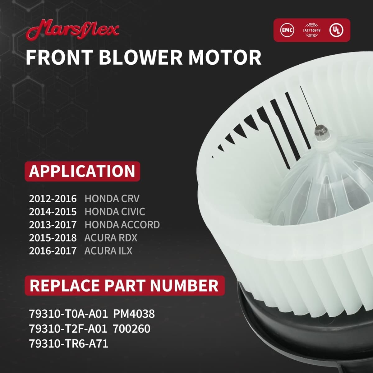 Marsflex Front Blower Motor 700260 for 2012-2018 Honda CRV Civic Accord & Acura RDX ILX, 2013 2014 2015 2016 2017 Automotive Replacement Blower Motor Fan OE: 79310-T0A-A01, PM4038, 79310-T2F-A01 thumbnail 2