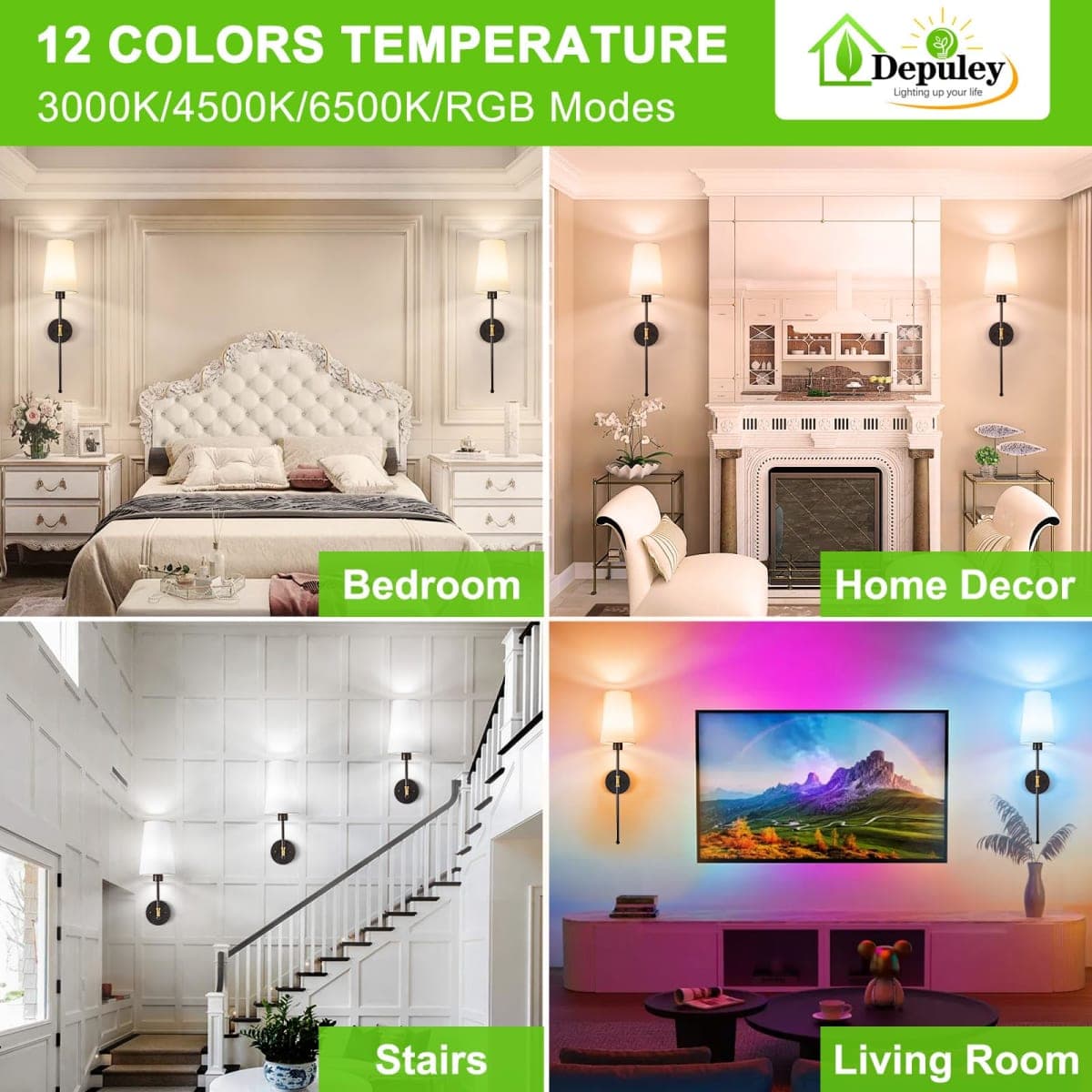 Depuley Battery Operated Wall Sconce: 27" Set of 2 Wireless Wall Lights with Remote for Bedroom - Rechargeable 15 Colors Black and Gold Wall Lamp for Living Room Hallway Decor thumbnail 3