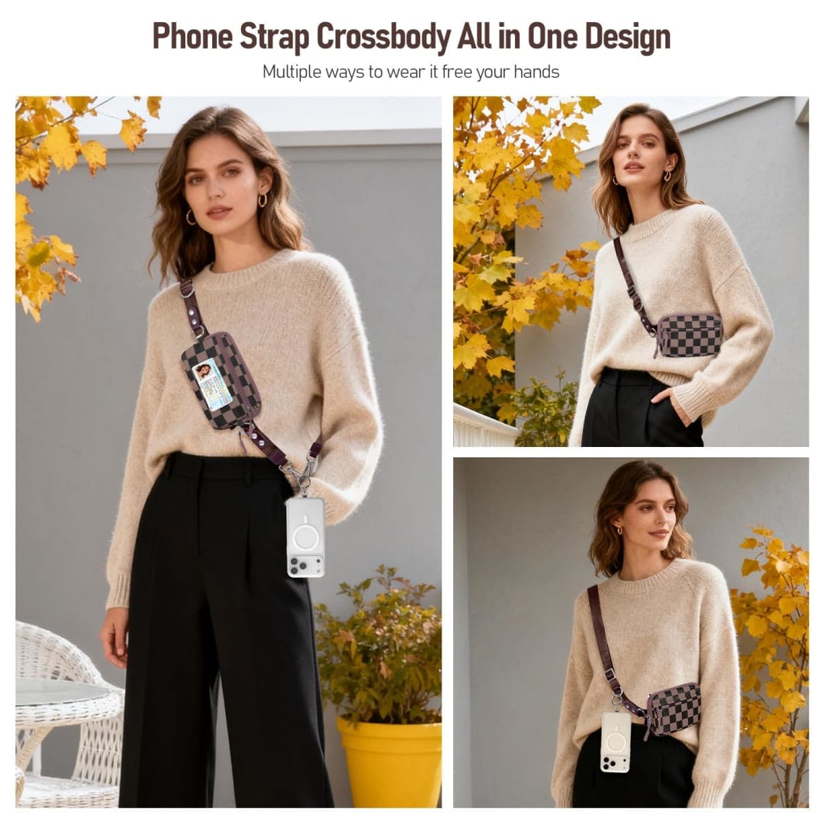 Tiostep Clip and Go Strap for Phone with Wallet Crossbody Phone Lanyard and Detachable Checkered Bag with ID Window and RFID Pouch for Daily Travel. thumbnail 4