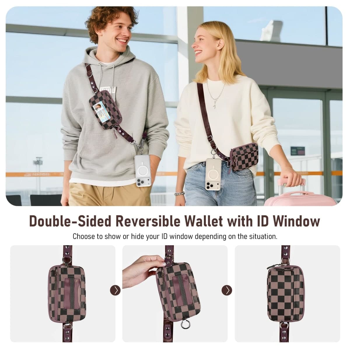 Tiostep Clip and Go Strap for Phone with Wallet Crossbody Phone Lanyard and Detachable Checkered Bag with ID Window and RFID Pouch for Daily Travel. thumbnail 5