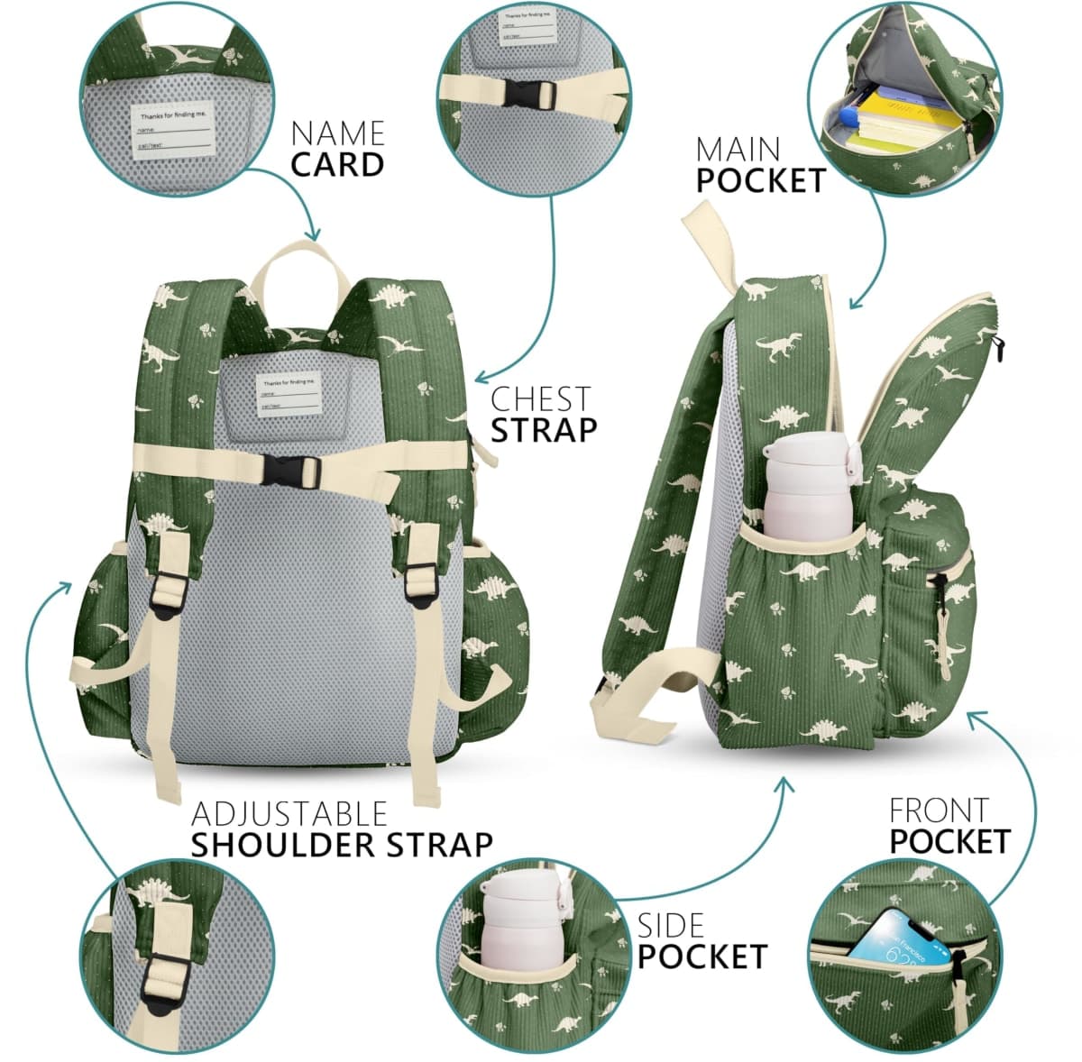 Corduroy Toddler Backpack for Boys & Girls 2-5: Cute Kids Preschool Backpack - 13.5" H Fit Folder, Dinosaur Green Corduroy, Medium, Age 2-5 (13.3" H Fit A4 Folder) thumbnail 5