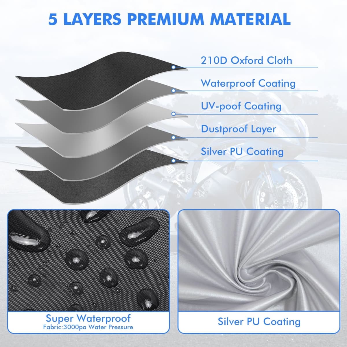NEVERLAND Motorcycle Cover, Black Scooter Cover Waterproof Outdoor All Season, Motorbike Cover with Refletive Logo, Lock-Hole, Bandage, Storage Bag-Protect Against Dust, Debris, Rain and Weather(L) thumbnail 2
