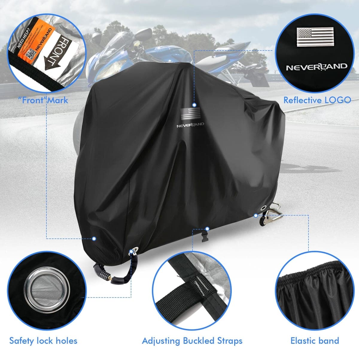 NEVERLAND Motorcycle Cover, Black Scooter Cover Waterproof Outdoor All Season, Motorbike Cover with Refletive Logo, Lock-Hole, Bandage, Storage Bag-Protect Against Dust, Debris, Rain and Weather(L) thumbnail 4