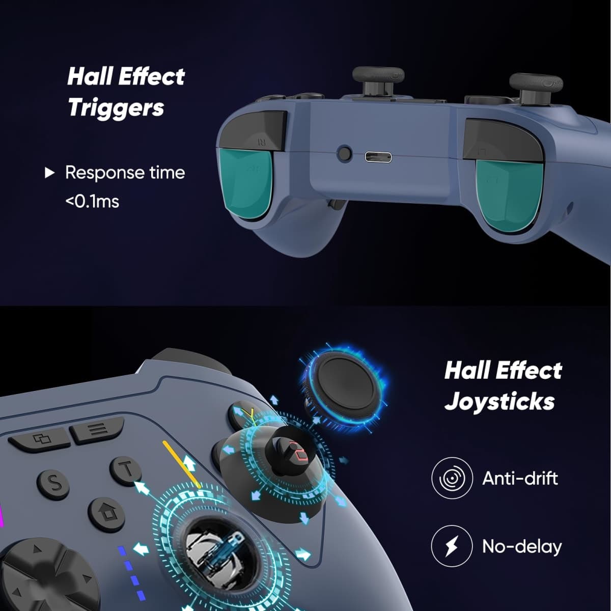 BETMI Wireless Controller for Xbox One, Xbox Series X/S, PC, Hall Effect Joysticks & Trigger, Turbo, Macro, Remapping, Dual Vibration Function, 2.4GHz Gamepad(Blue, no 3.5mm Jack) thumbnail 2