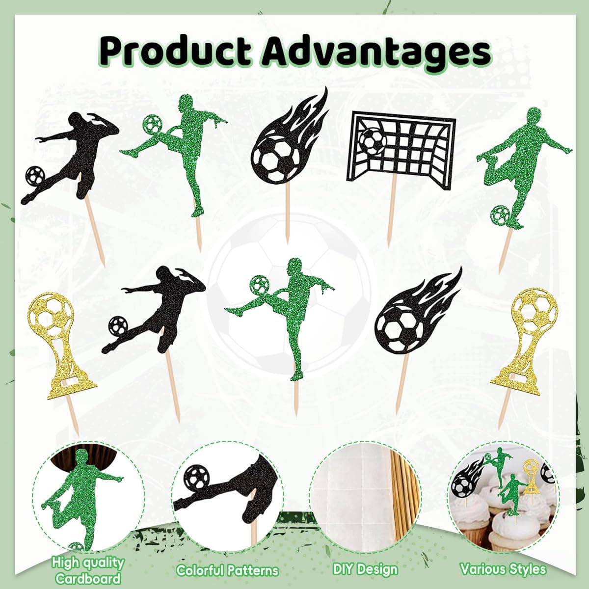 24Pcs Soccer Cupcake Toppers, Soccer Ball Glitter Cupcake Picks, Sport Party Cake Decorations for Football Theme Party, Birthday, and Matchs thumbnail 3