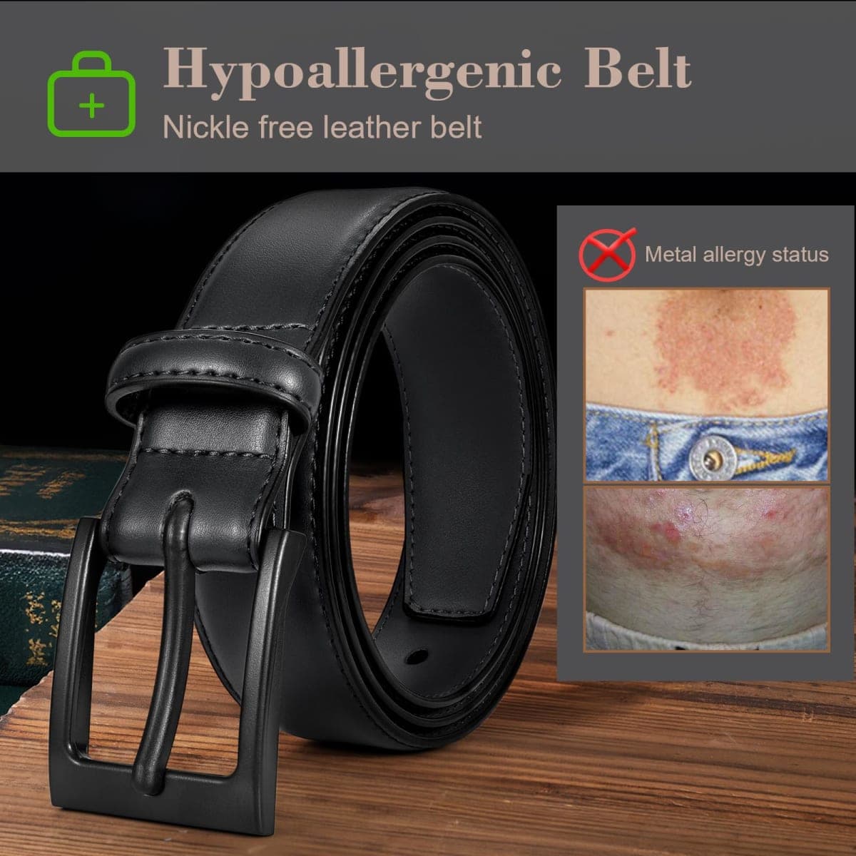 XZQTIVE TSA Belt For Men Metal Free Dress Belts Hypoallergenic Leather Belt With Black Buckle Nickle Free, Black, Fit Pant 46-51in thumbnail 5