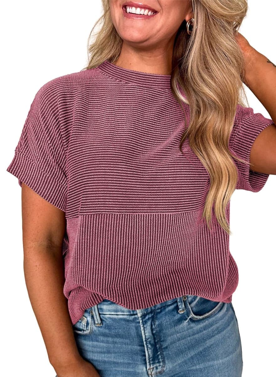 EVALESS Short Sleeve Shirts for Women Casual Spring Summer Tops Ribbed Knit Striped Womens Tops Crewneck Loose Fit T Shirts, Red, Large — image 1
