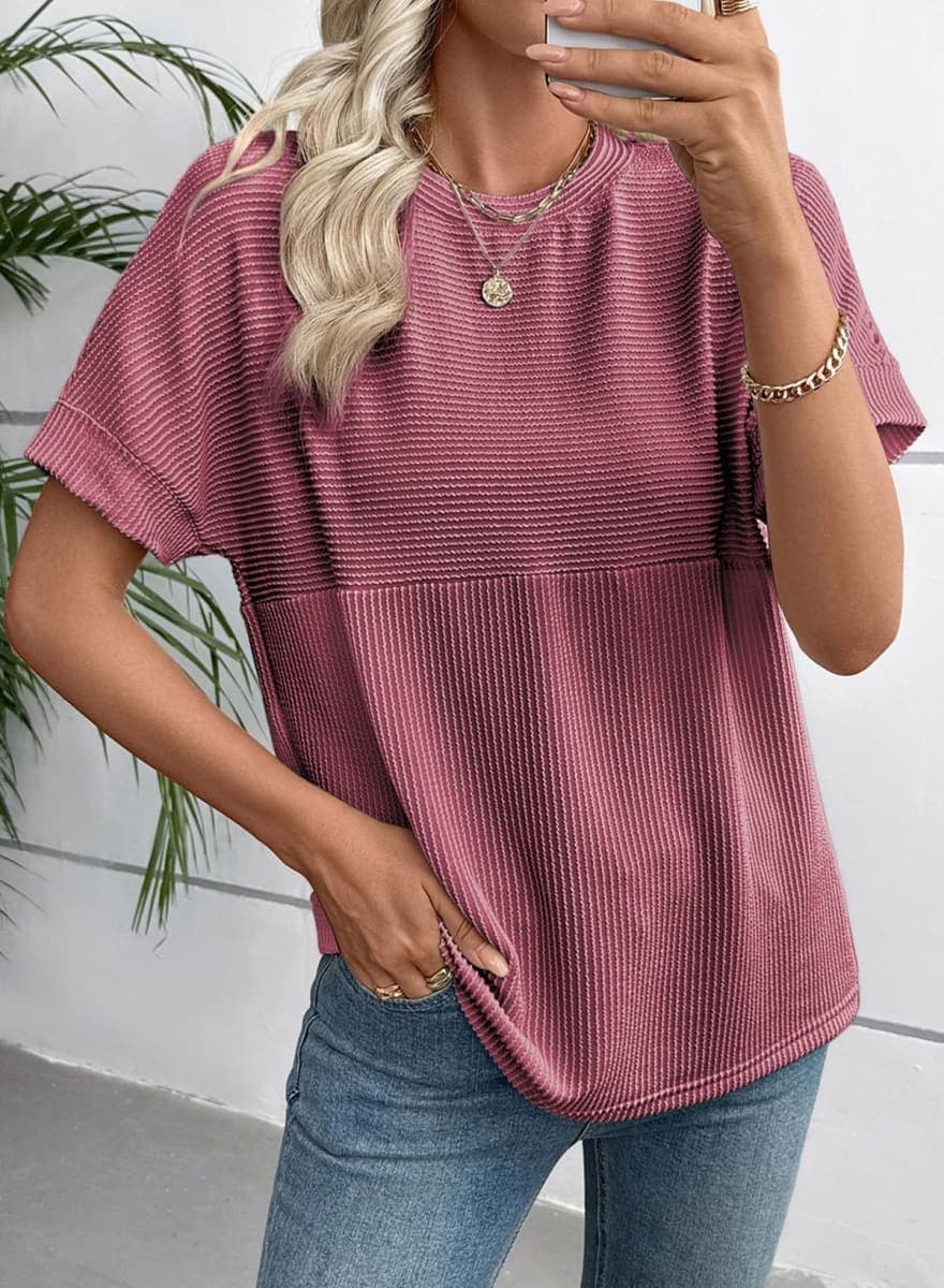 EVALESS Short Sleeve Shirts for Women Casual Spring Summer Tops Ribbed Knit Striped Womens Tops Crewneck Loose Fit T Shirts, Red, Large thumbnail 2